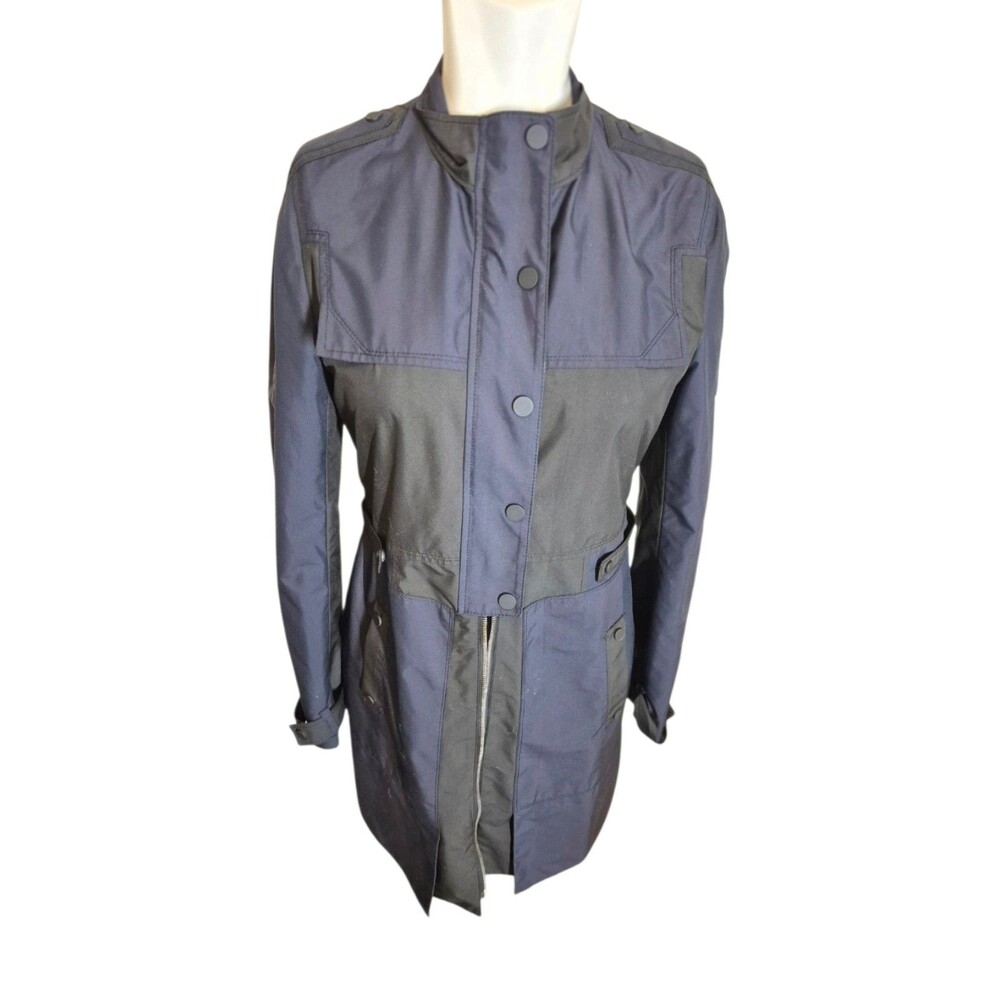 Elie Tahari Trench Coat Rain Coat Mid Length Military Utility Coat Black Gry XS